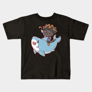 Cute Pirate Cat Rides Shark Kids T-Shirt